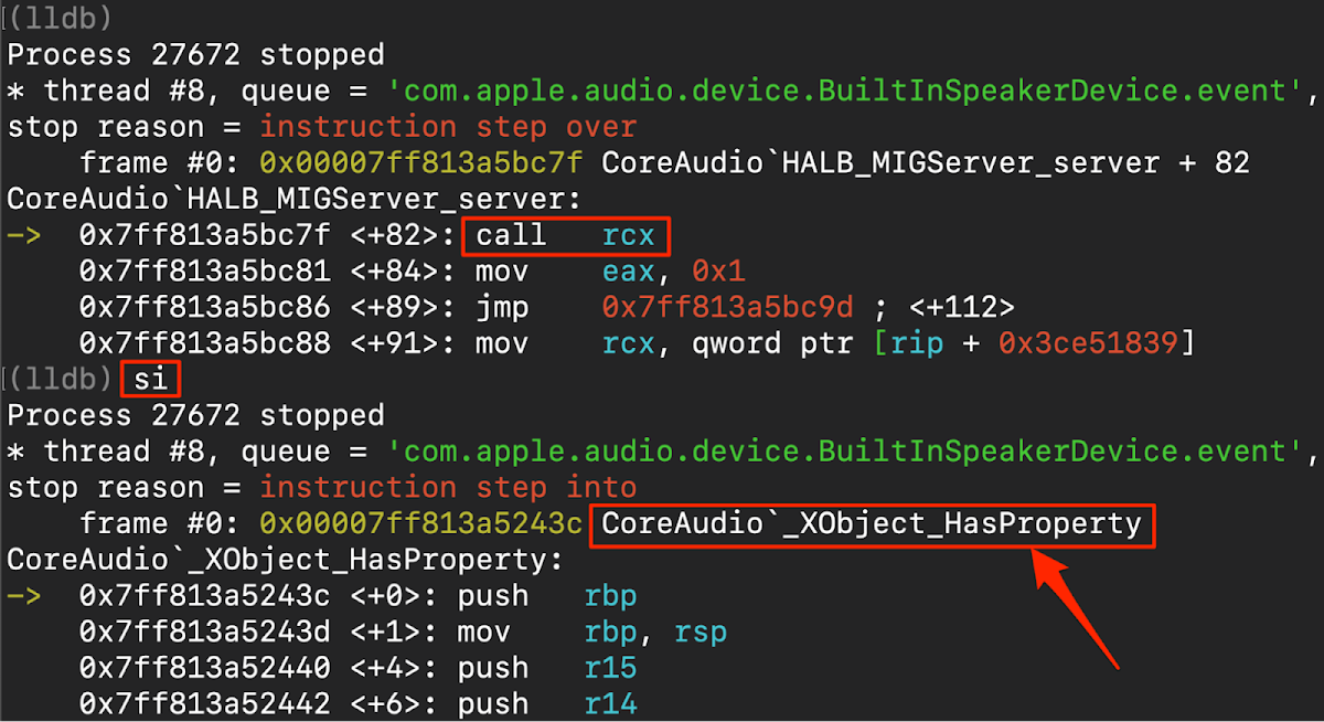 A debugger lldb window showing two states of a stopped process. The first state shows the process stopped at a call rcx instruction within CoreAudio_HALB_MIGServer_server. After a step into si command, the second state shows the process stopped at the beginning of CoreAudio__XObject_HasProperty, as indicated by the red arrow and highlighted function name.