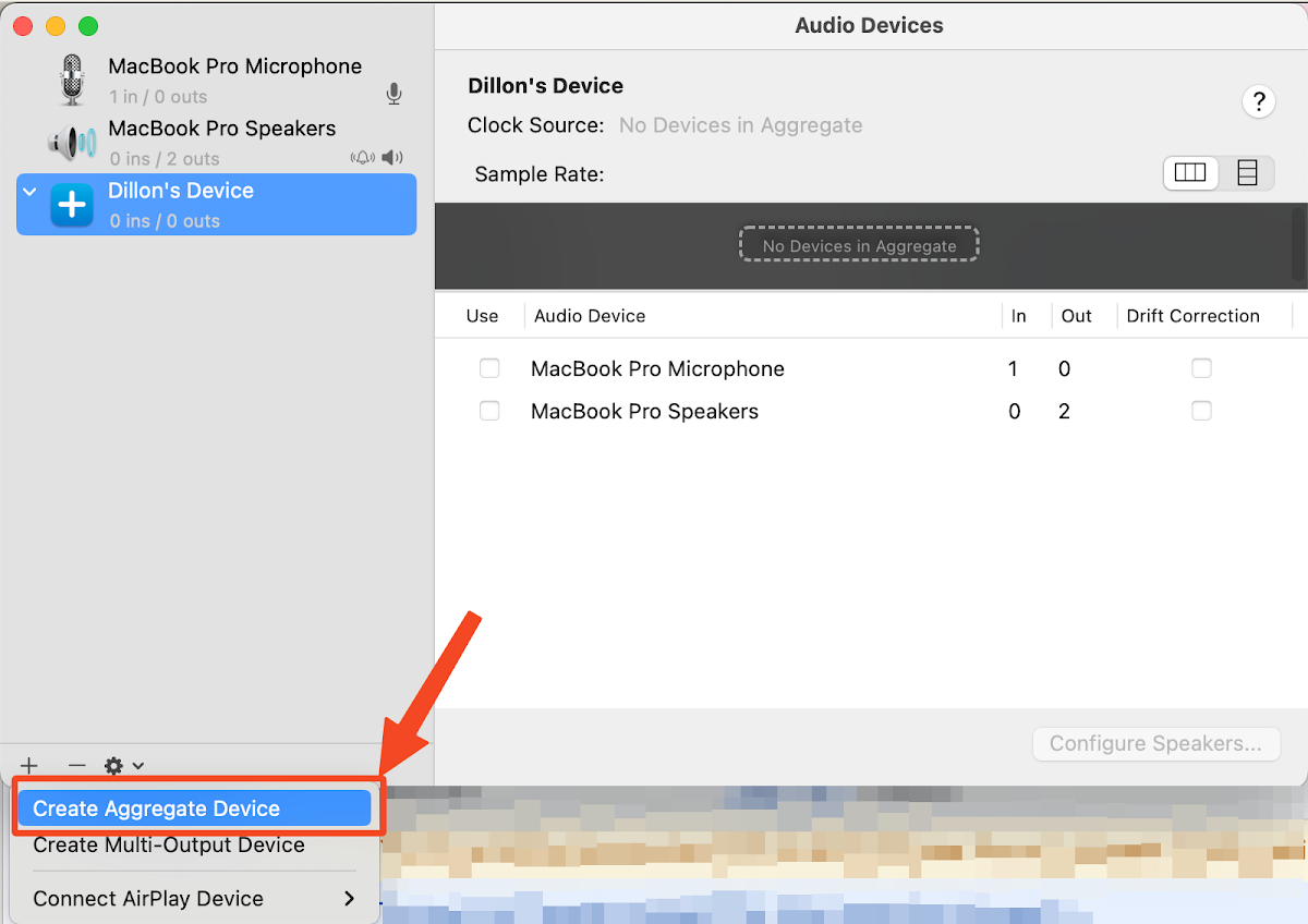 A screenshot of macOS Audio Devices settings. A red arrow points to the "+" button in the bottom left, with a dropdown menu open showing "Create Aggregate Device" highlighted, indicating the action being taken.