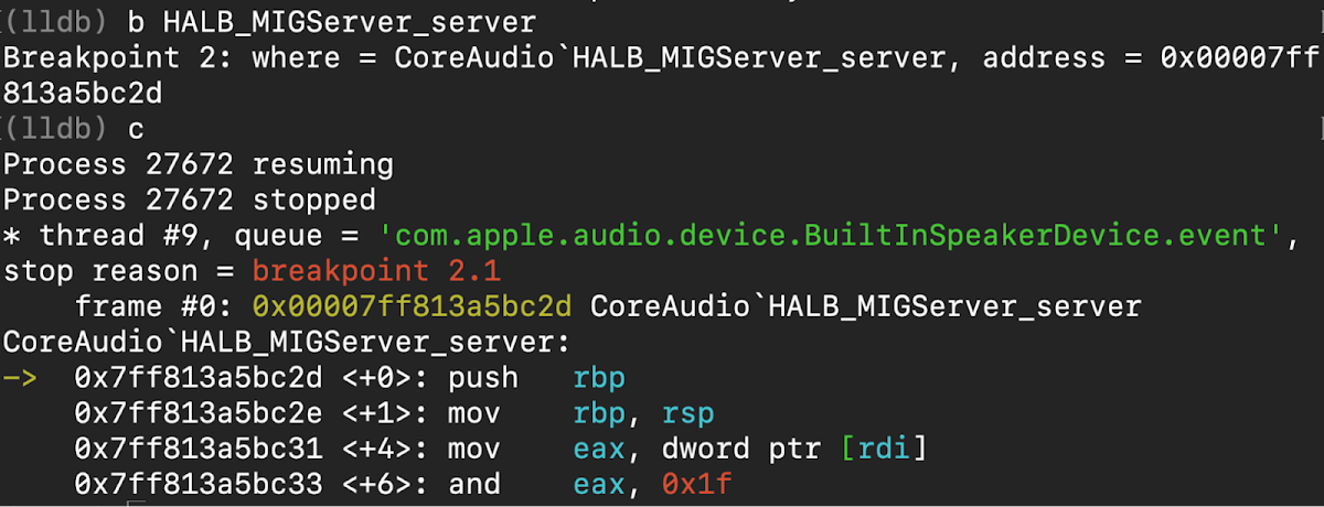 A debugger lldb window showing a breakpoint hit in CoreAudio_HALB_MIGServer_server. The process is stopped at the beginning of this function, with the instruction push rbp highlighted. The thread information indicates the queue is com.apple.audio.device.BuiltInSpeakerDevice.event