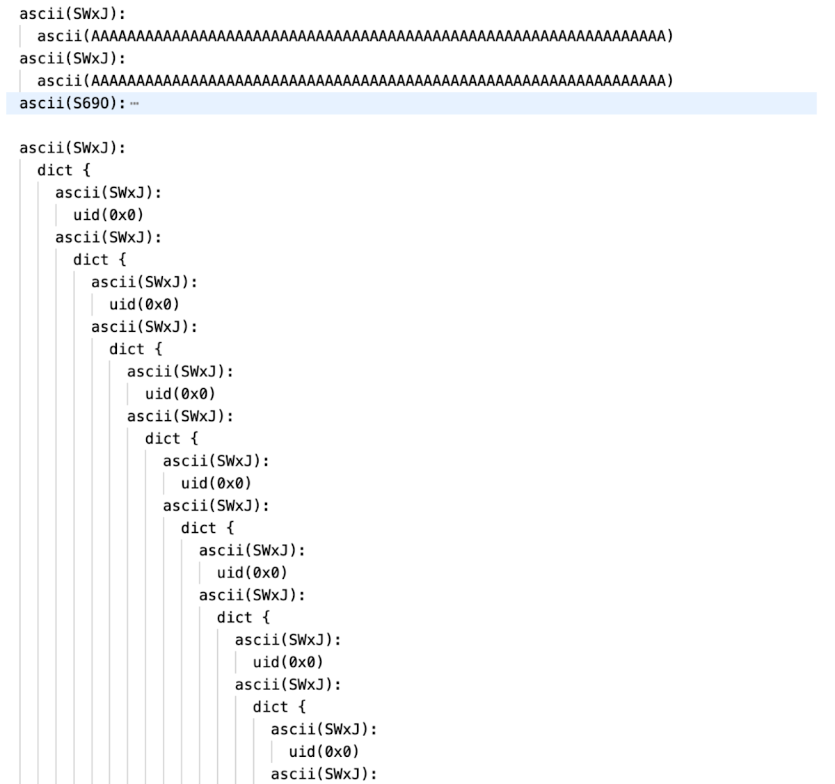 Screenshot of code showing a series of nested dictionary creations / duplicate keys