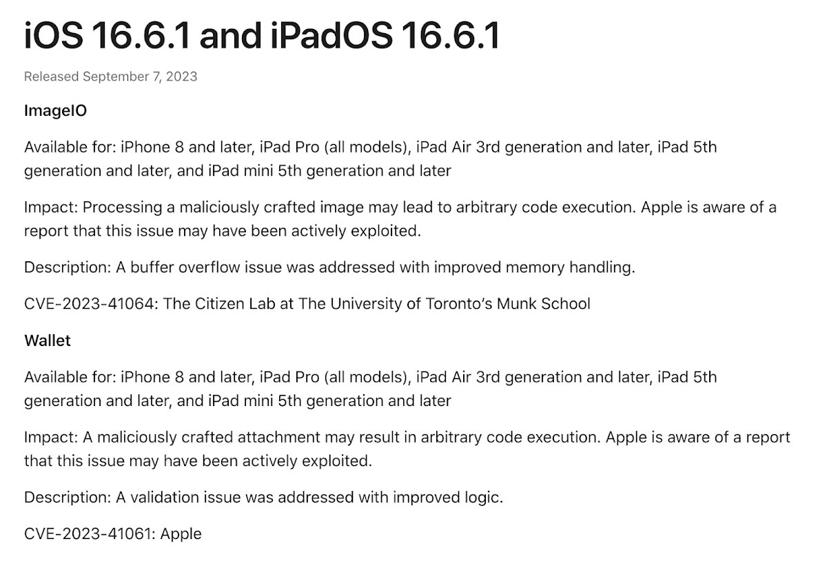 Release notes for iOS 16.6.1 and iPadOS 16.6.1, including CVE-2023-41064 for ImageIO and CVE-2023-41061 for Wallet, detailing security updates and potential exploitation.