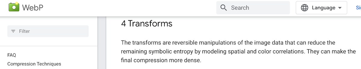 Screenshot of WebP documentation explaining '4 Transforms' and their role in image compression.