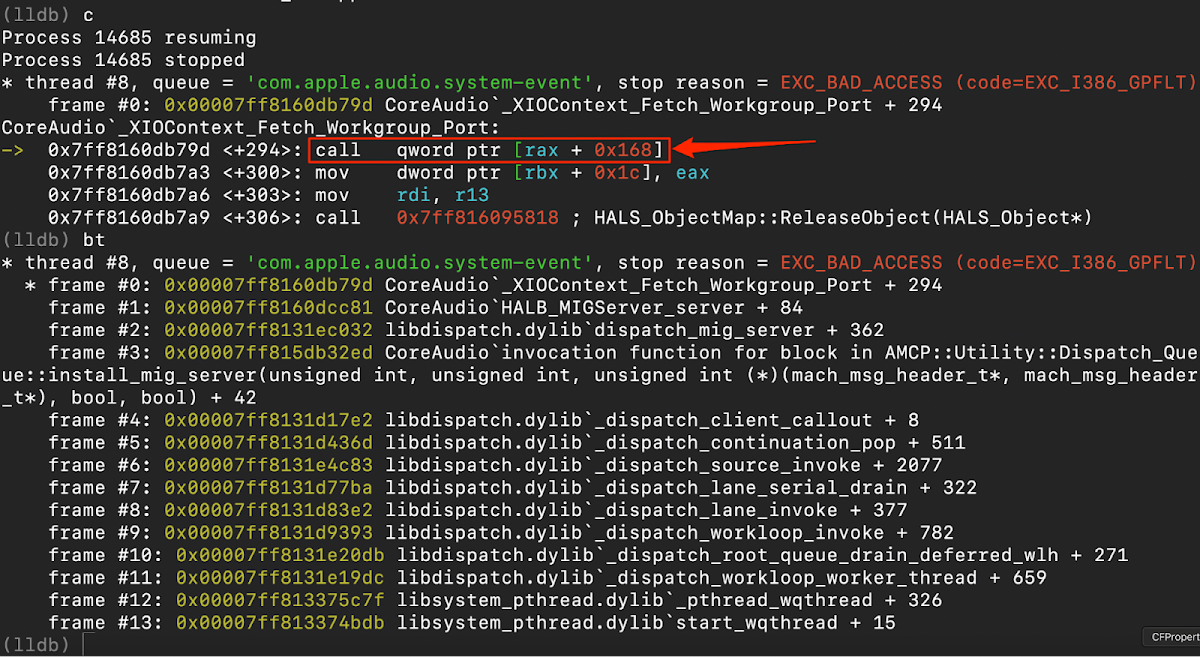 A debugger lldb output showing a crash in CoreAudio. The stop reason is EXC_BAD_ACCESS code=EXC_I386_GPFLT. The crashing instruction is a call qword ptr rax + 0x168 within CoreAudio_XIOContext_Fetch_Workgroup_Port. A backtrace bt shows the call stack leading to the crash.